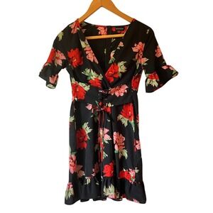 Dark Floral Print Dress Corset Tie Waist Ruffle Hem Size 6